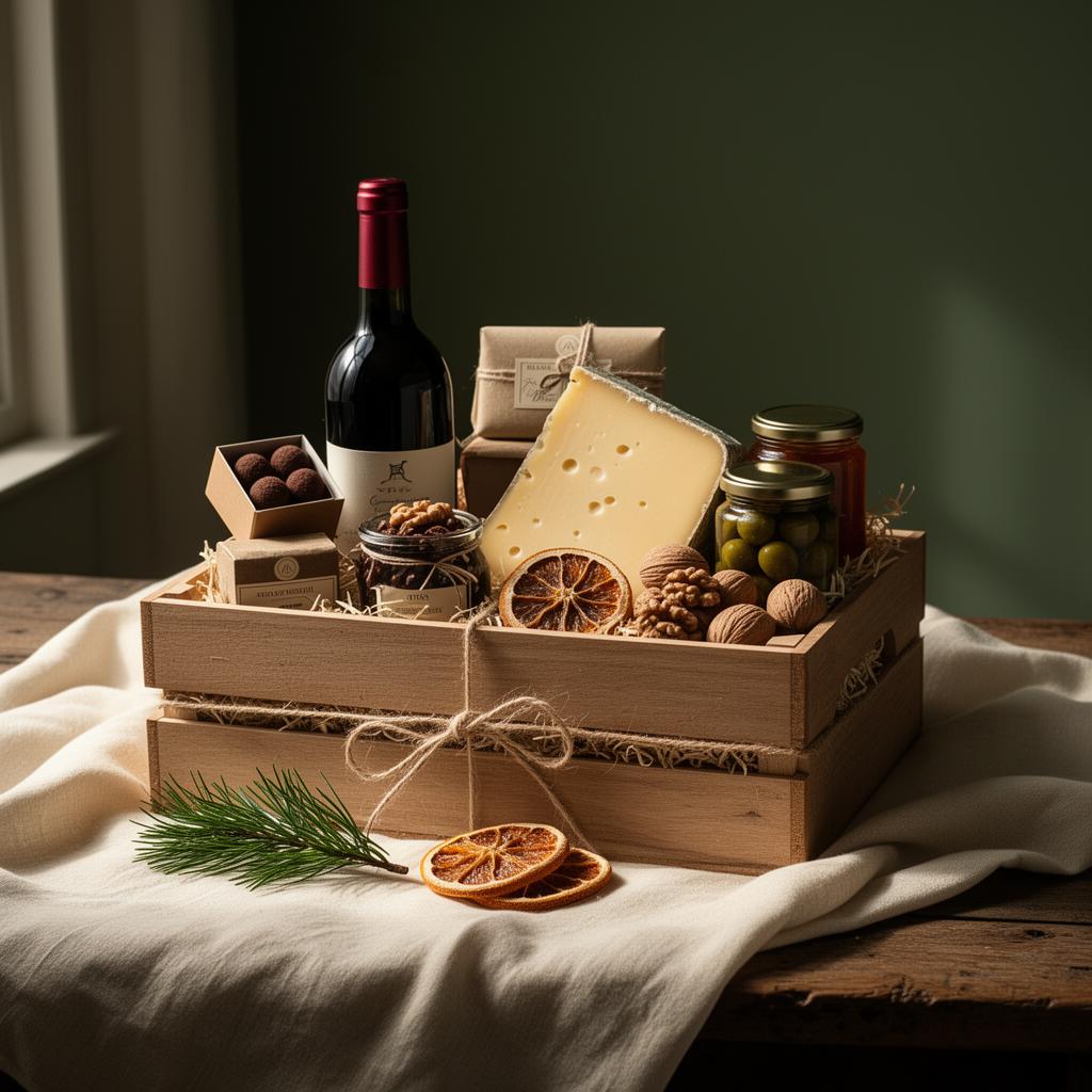 Kerstpakket met wijn, kaas, chocolade en ambachtelijke lekkernijen in een houten kistje
